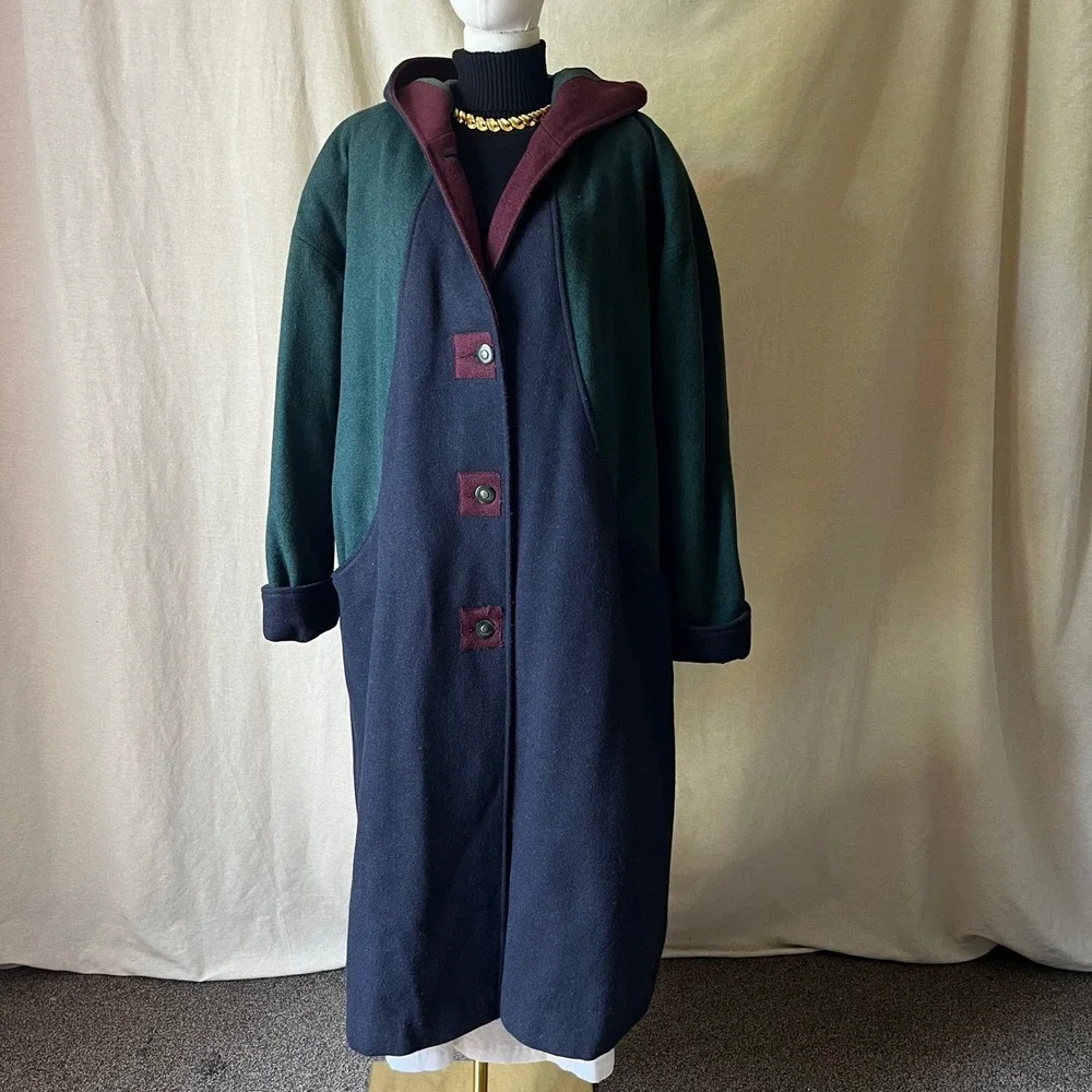 Braetan Color Block Hooded Wool Coat Womens 3X‎ 20W Green Navy Maxi Coat